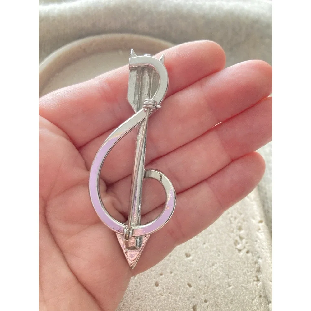 Silver Tone Arrow Brooch Modernist Open Scroll Heart Design Arrow‎ Treble Clef